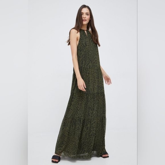 Ocelot-print crinkle georgette halter dress Olive Leopard Print Maxi Dress - Picture 1 of 12